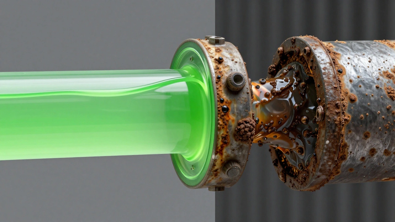 Comparison of a clean radiator tube with green coolant and a corroded, clogged tube