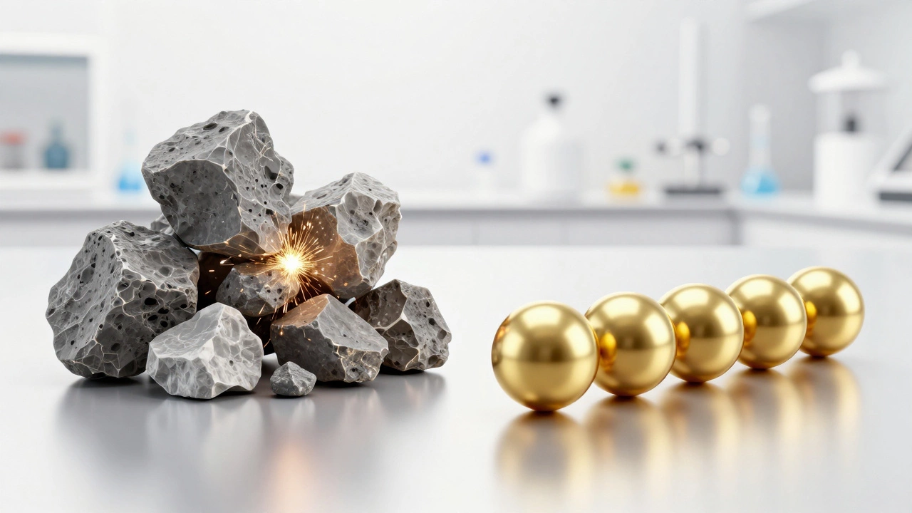 Conceptual 3D art comparing jagged mineral oil particles with uniform golden synthetic oil spheres.