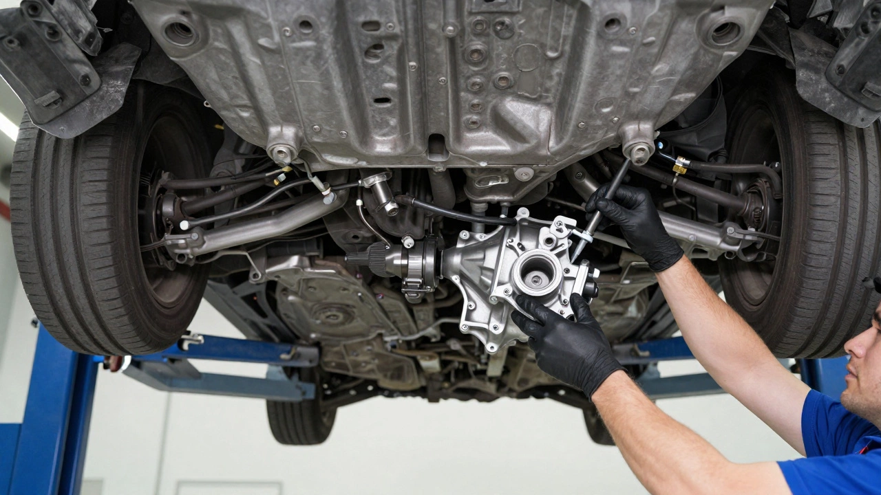 Mechanic inspecting a car's transmission and clutch system on a lift