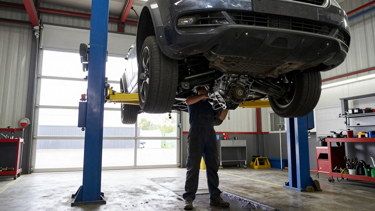 Mechanic working on a car transmission while the vehicle is raised on a lift