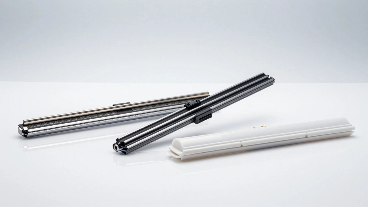 Three different types of wiper blades including conventional, beam, and hybrid styles