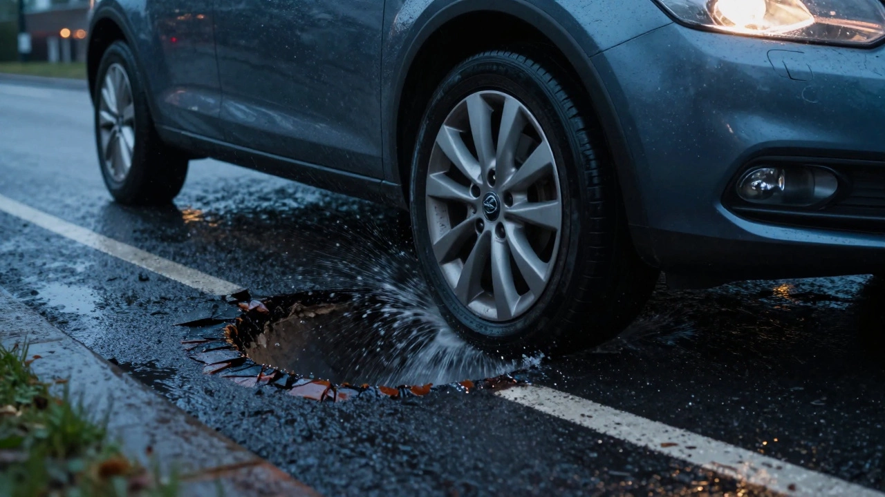 Car wheel hitting a deep pothole on a wet road, showing impact stress.