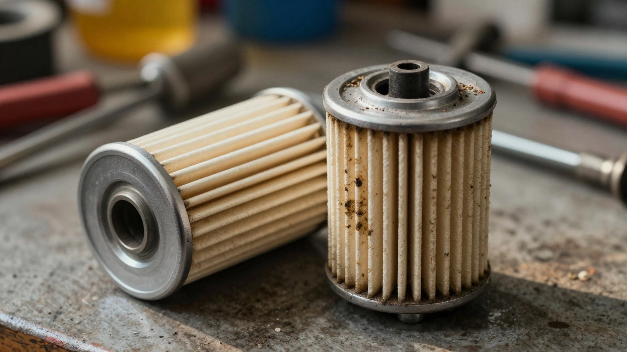 Clogged fuel filter compared to a clean one on a workshop bench