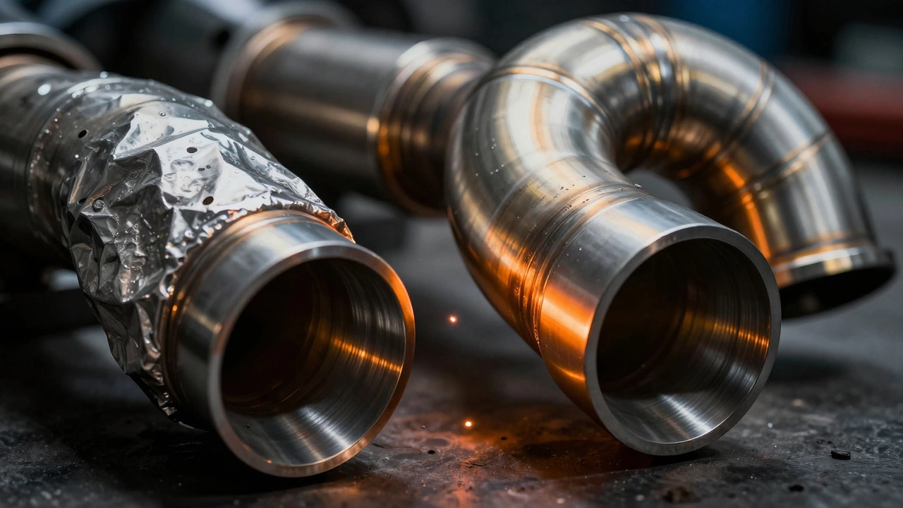 Close-up comparison of smooth mandrel-bent vs crushed exhaust pipe bends.