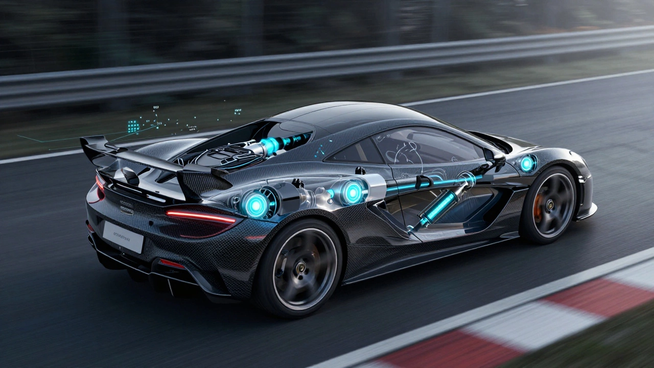 Cutaway view of active adaptive suspension adjusting on a race track