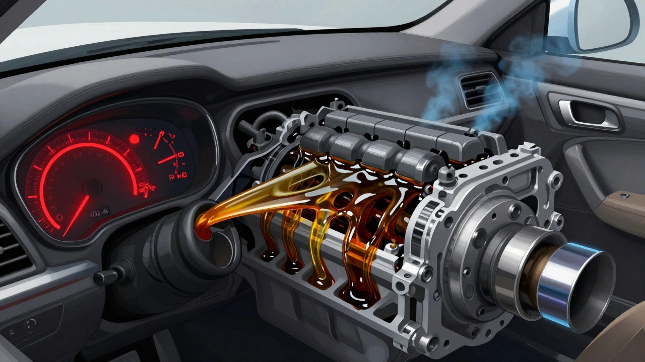 Dashboard warning lights and engine cross-section showing oil issues