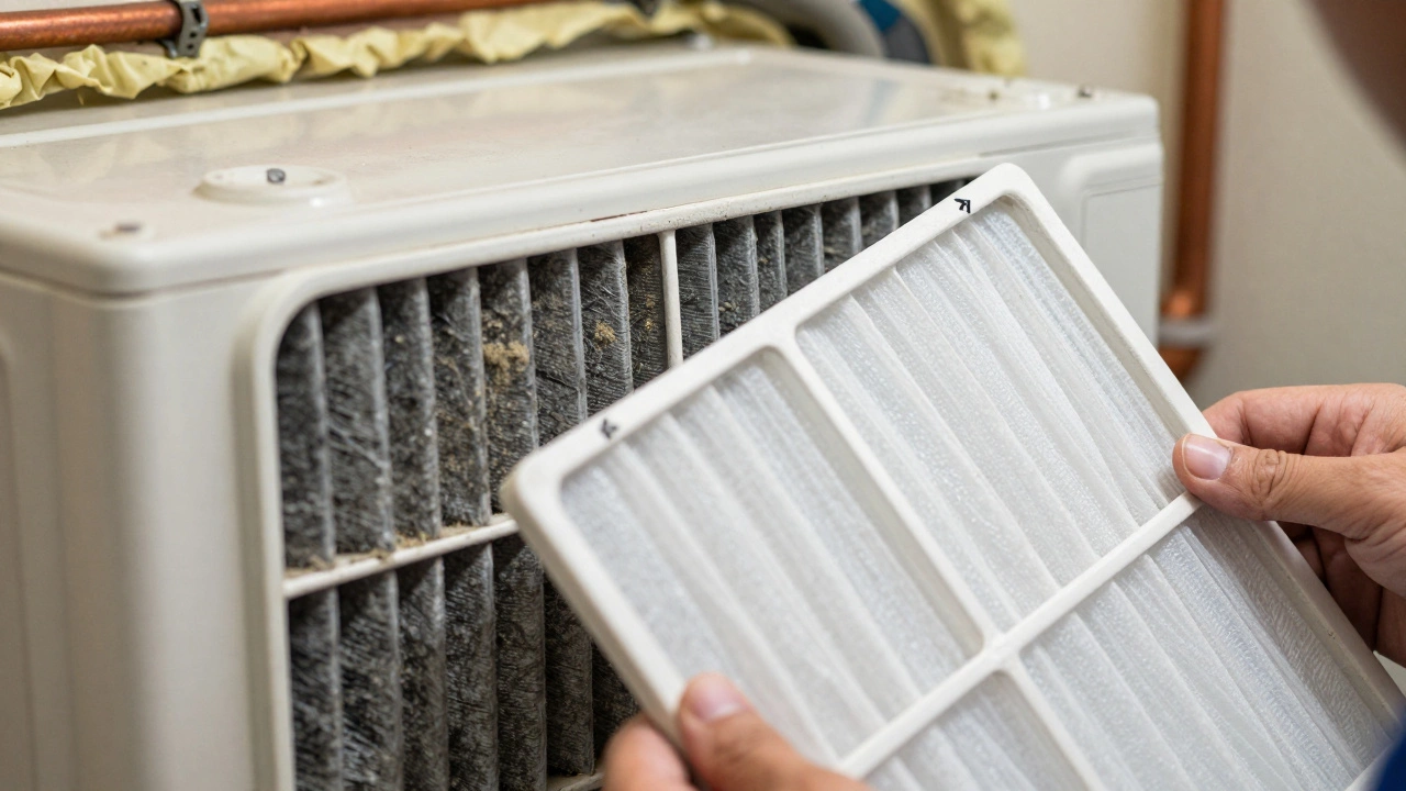 Dirty vs clean air filter inside an indoor HVAC unit panel