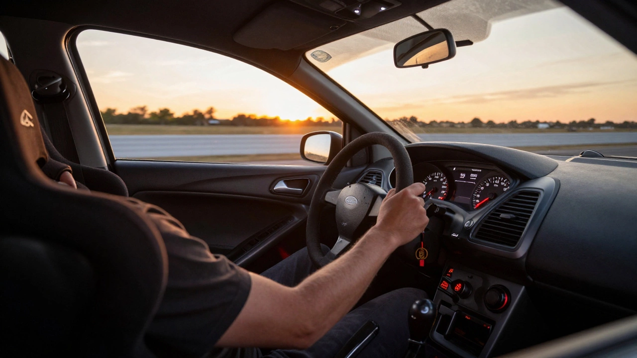 Driver shifting gears aggressively in a modified car on a racetrack