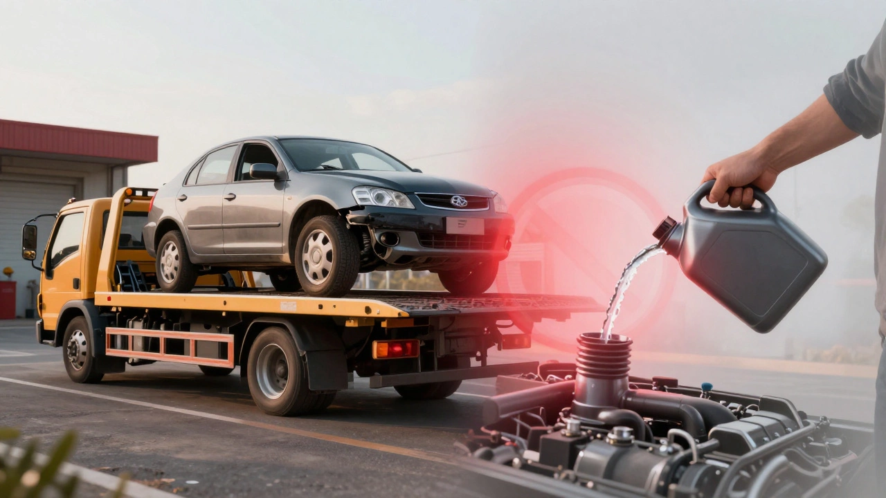 Flatbed tow truck lifting car vs pouring gas into engine