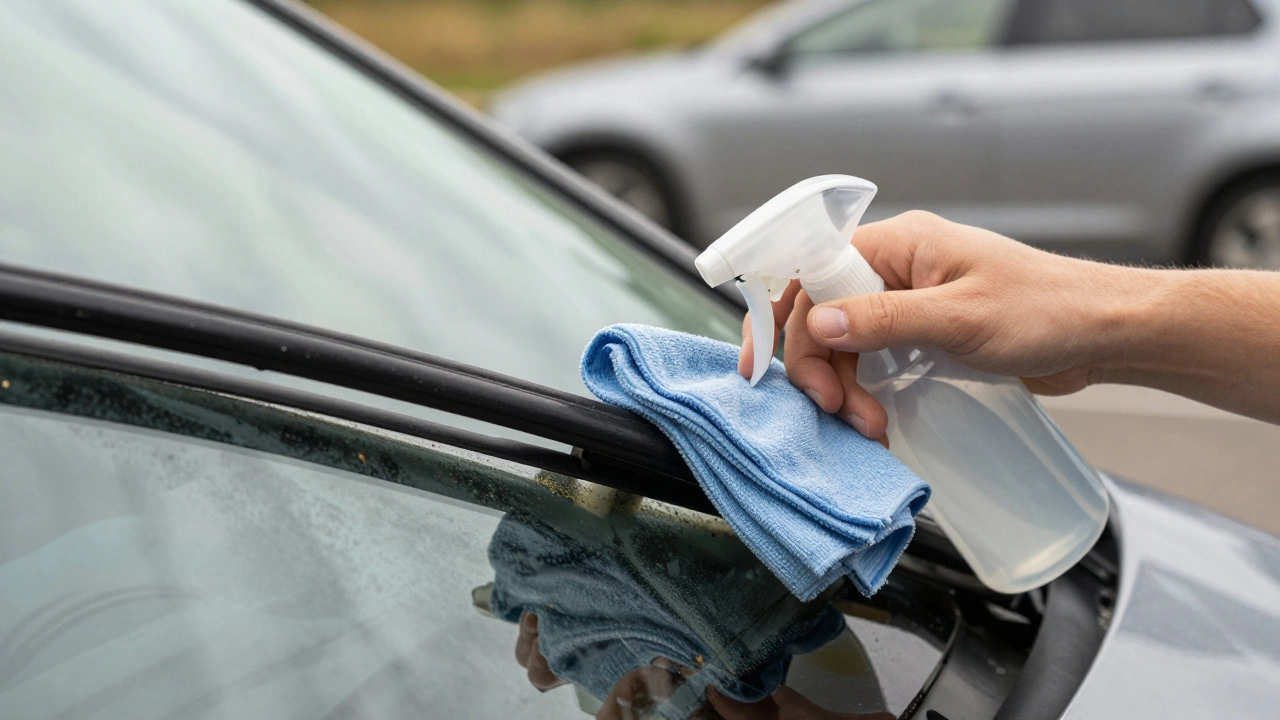 Hands cleaning car wiper blade with microfiber cloth and spray