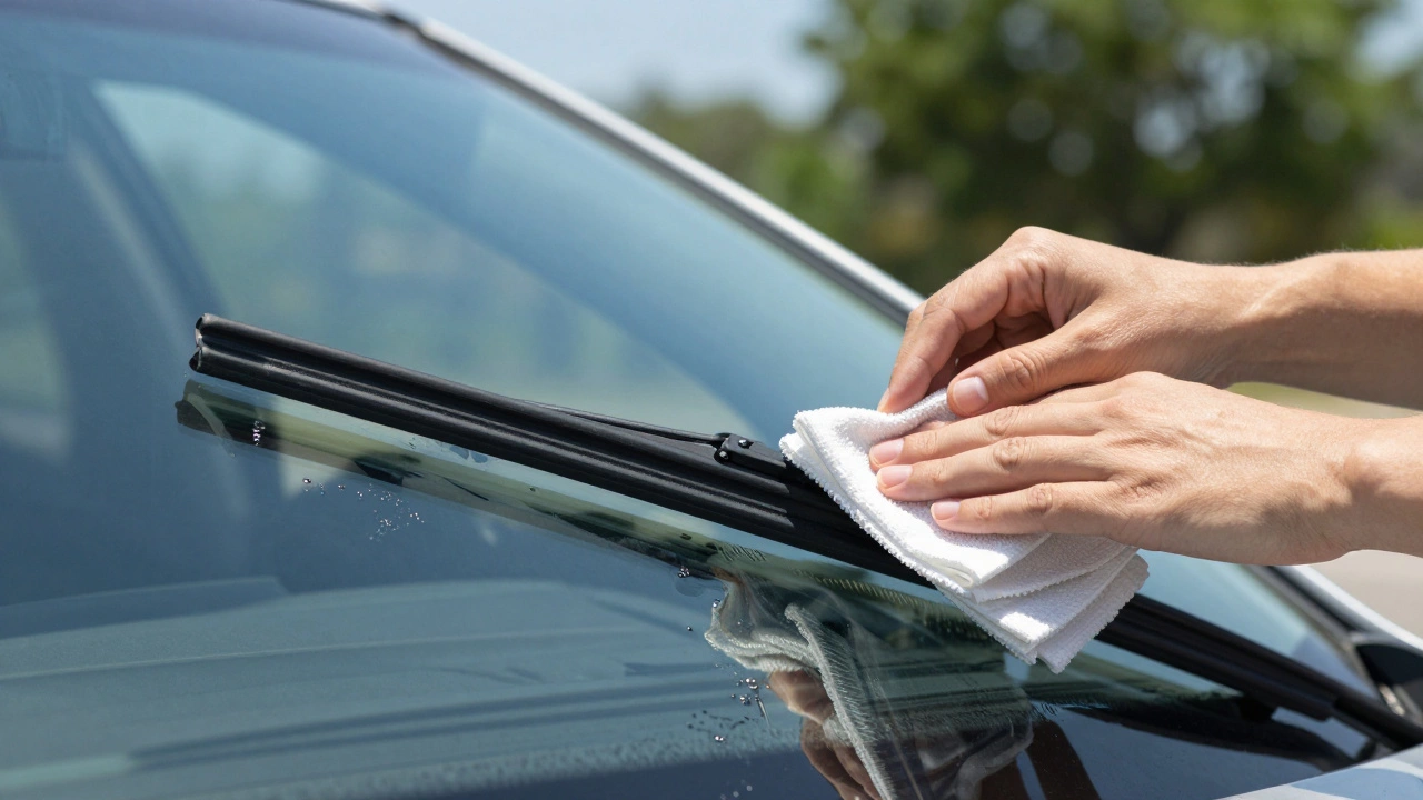Hands cleaning new wiper blade rubber with alcohol cloth