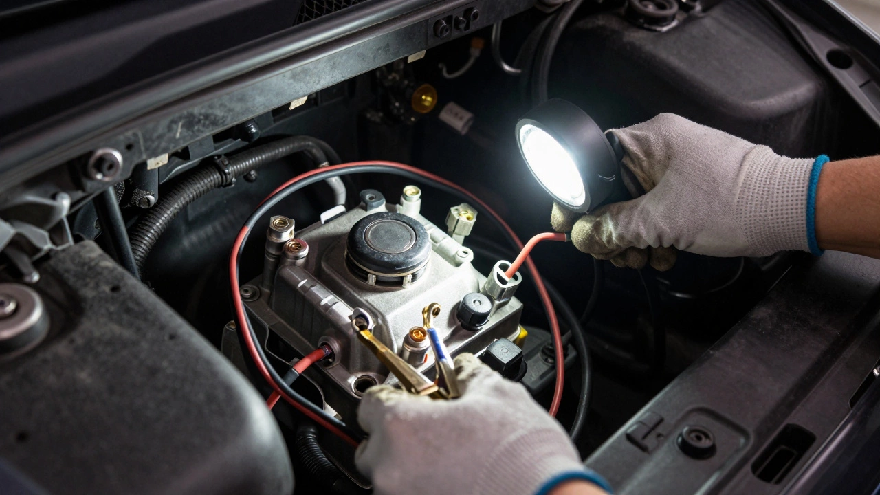 Hands connecting jumper wires to fuel pump under seat
