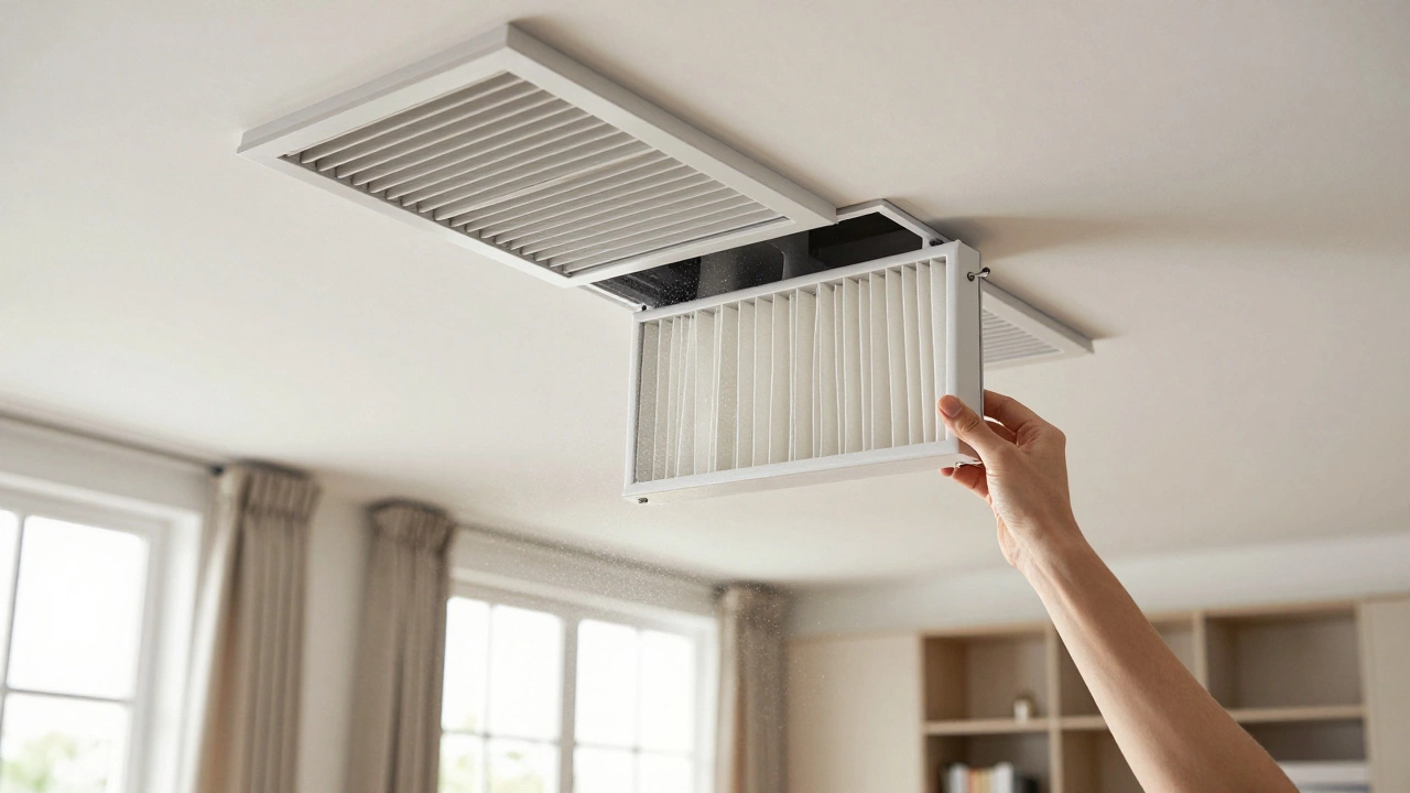 Homeowner checking return air grille for indoor AC filter location