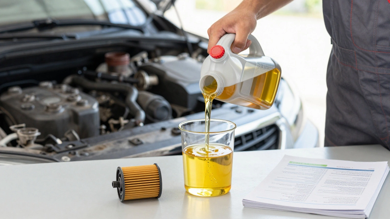 Mechanic draining contaminated oil and preparing fresh oil change