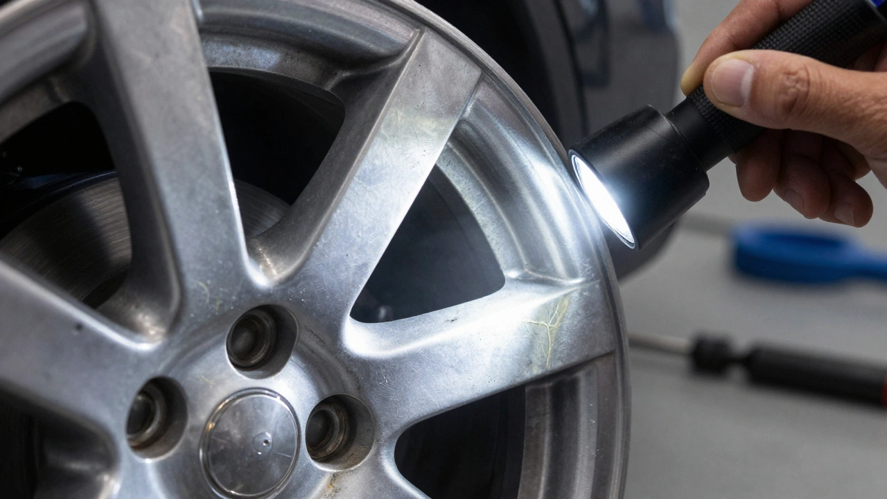 Mechanic inspecting an alloy wheel for cracks and corrosion with a light.
