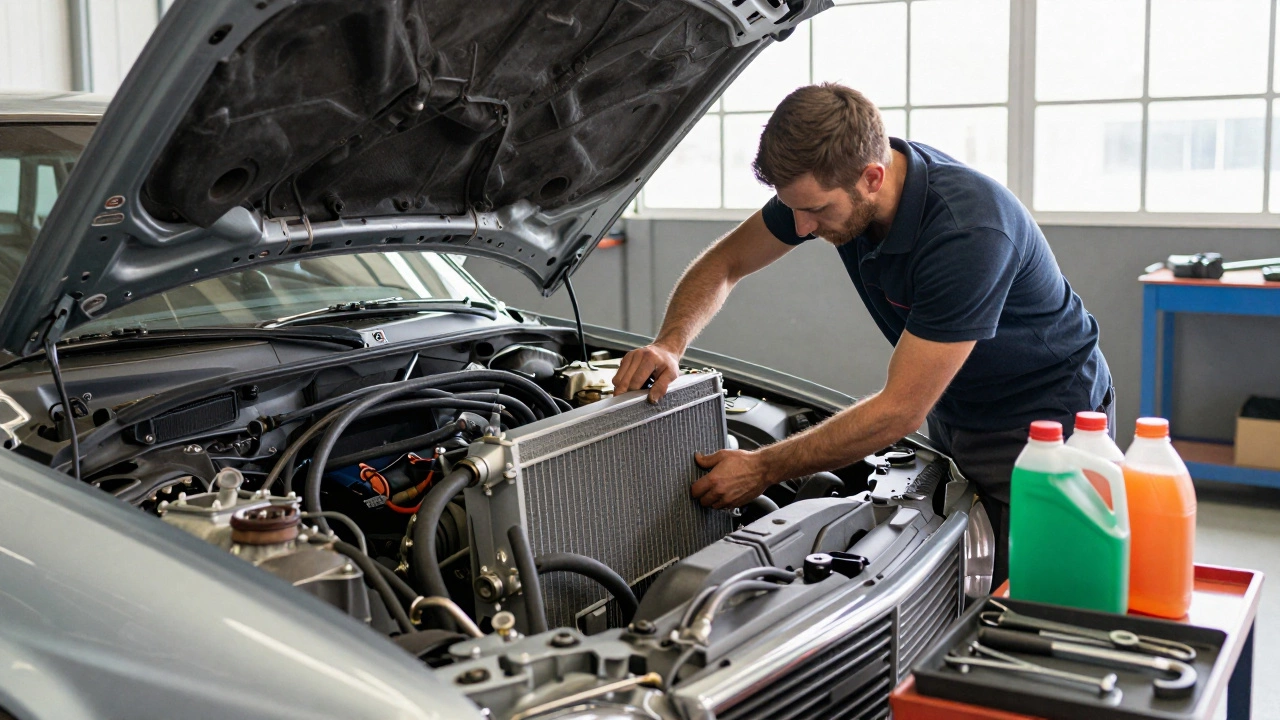 Mechanic installing a new radiator and cooling system parts in a garage