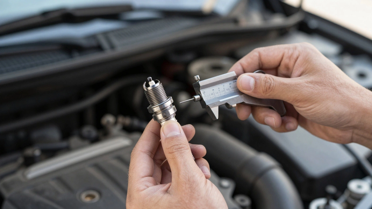 Mechanic measuring spark plug electrode gap with a feeler gauge.
