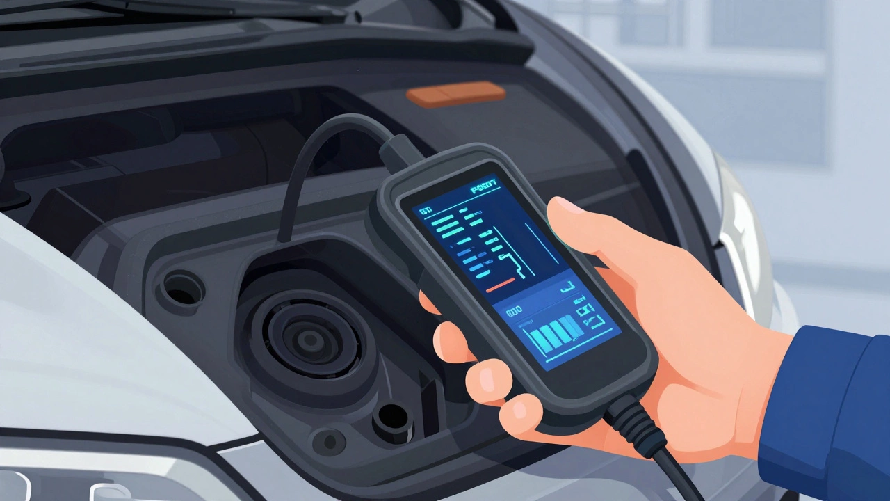 Mechanic using OBD-II scanner for vehicle diagnostics