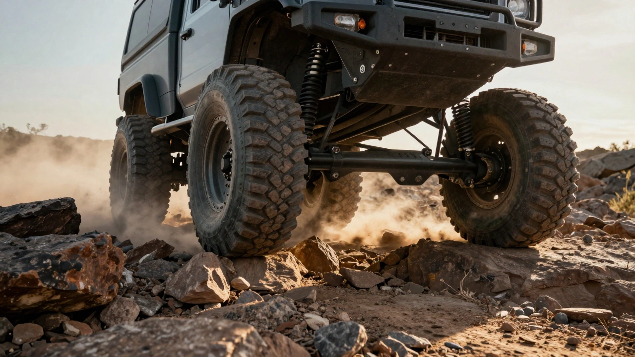 Off-road truck with solid axle suspension driving over rough rocks