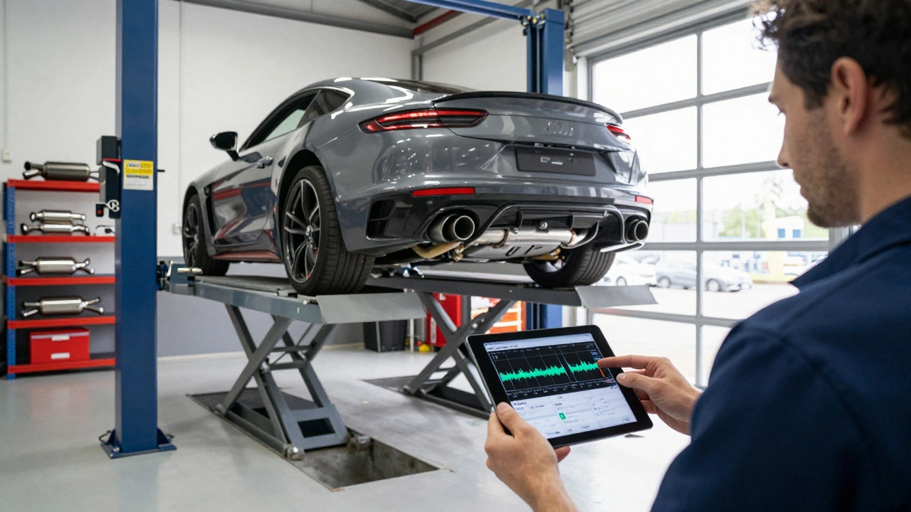 Sports car on lift with premium exhaust, mechanic checking MOT compliance.