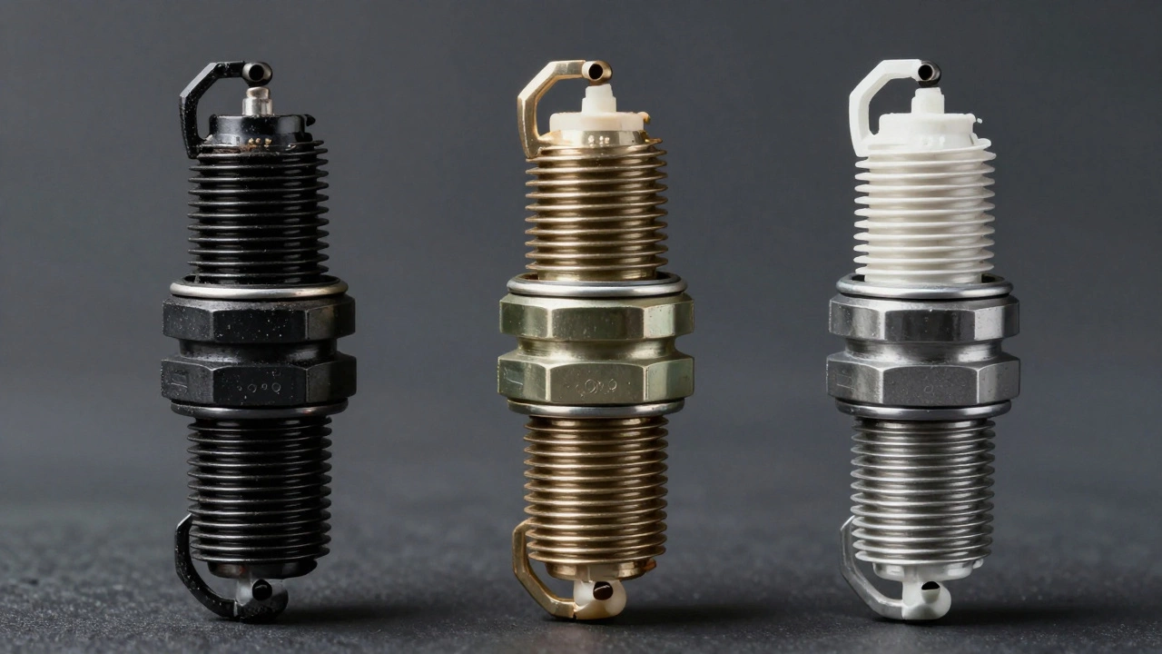Three spark plugs showing black soot, tan, and white ash conditions.