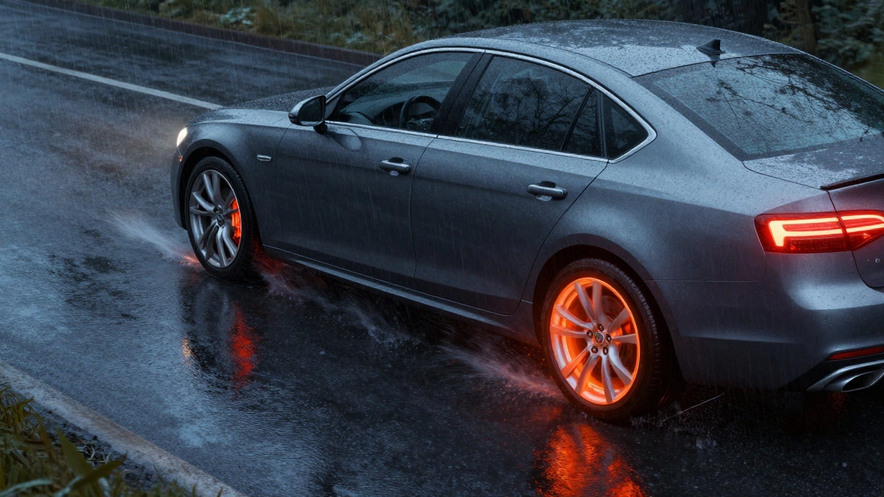 Car braking on wet road with visual heat effects from wheels