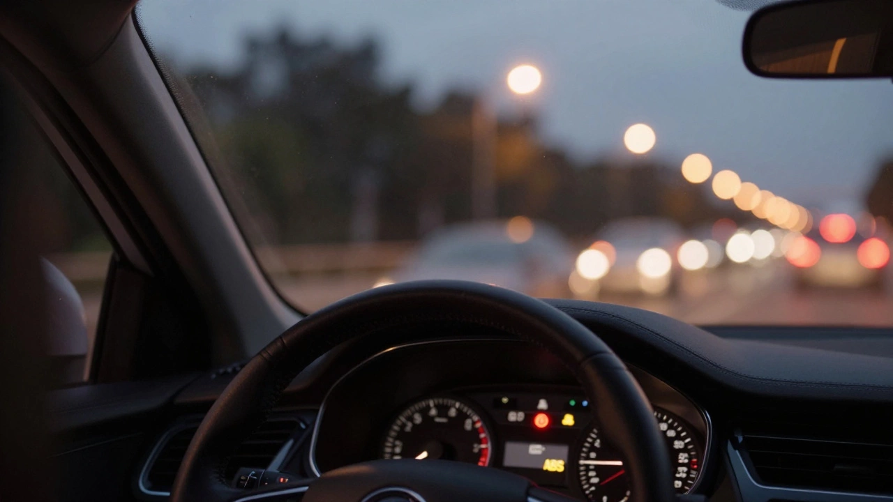 Car dashboard showing glowing brake and ABS warning lights