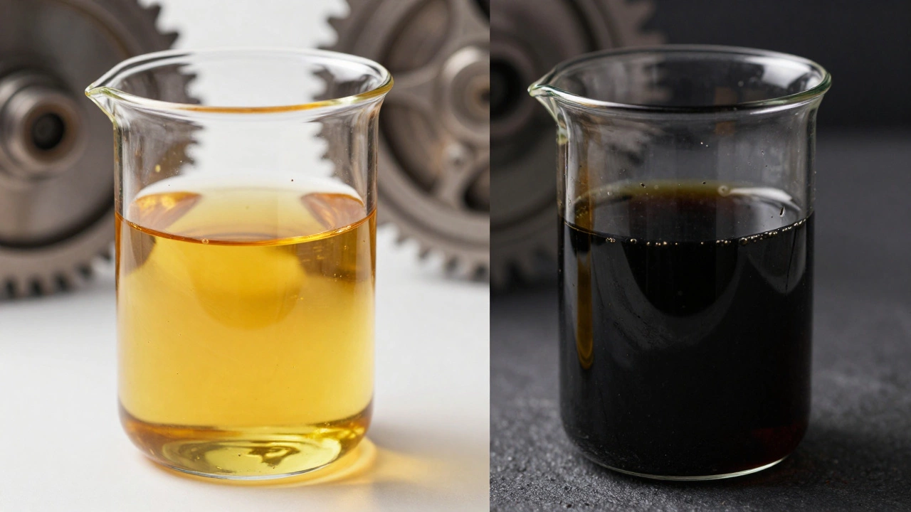 Comparison of fresh golden synthetic oil versus old dark oil