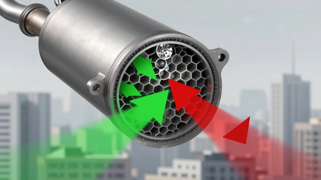 Cross-section diagram of a catalytic converter filtering toxic exhaust gases