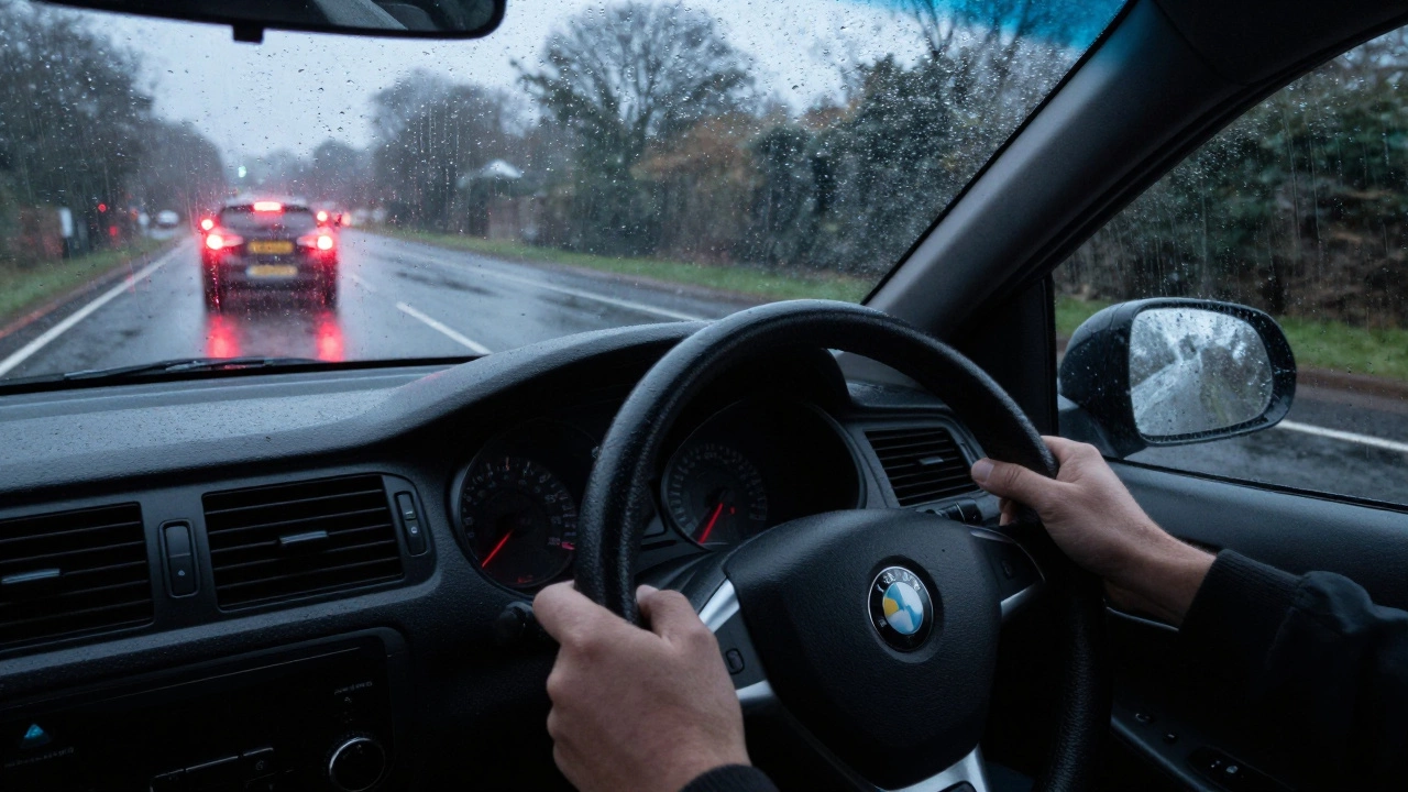 Driver gripping shaking steering wheel while braking on a wet rainy road