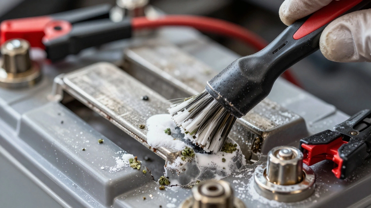 Hand cleaning corrosion off car battery terminals with a wire brush