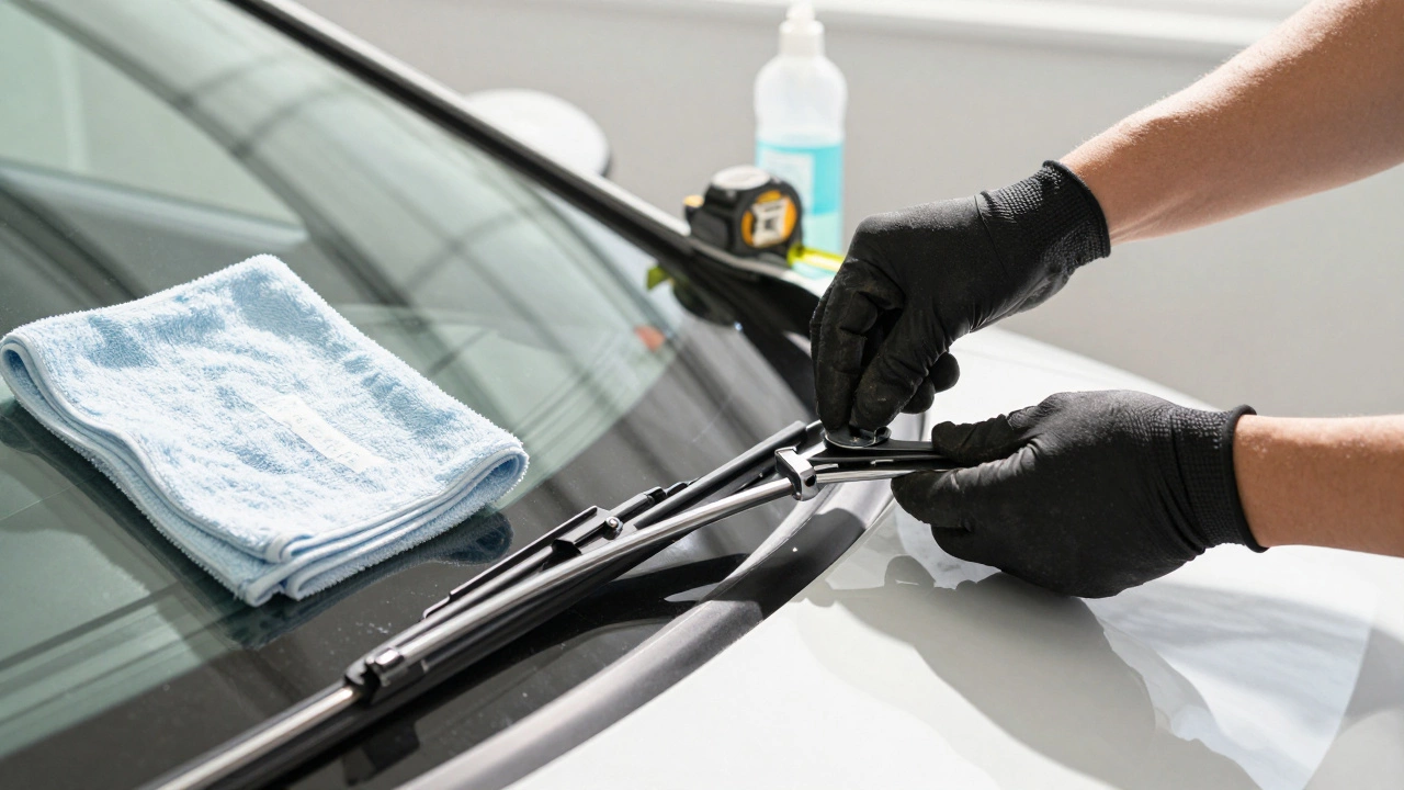 Hands installing a new wiper blade on a car hood with protective towel