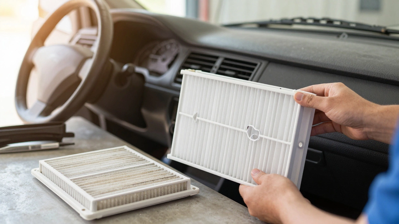 Hands installing new cabin air filter in car dashboard