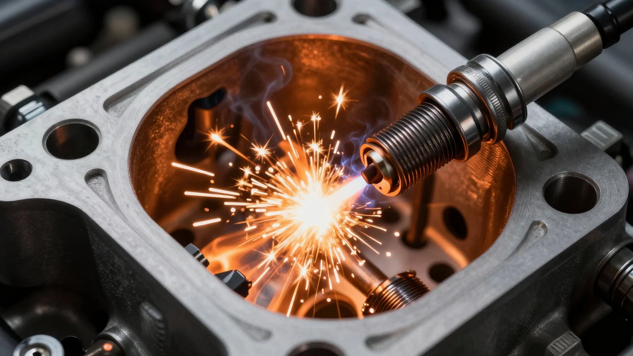 Macro view of a bright electrical spark igniting fuel inside an engine cylinder