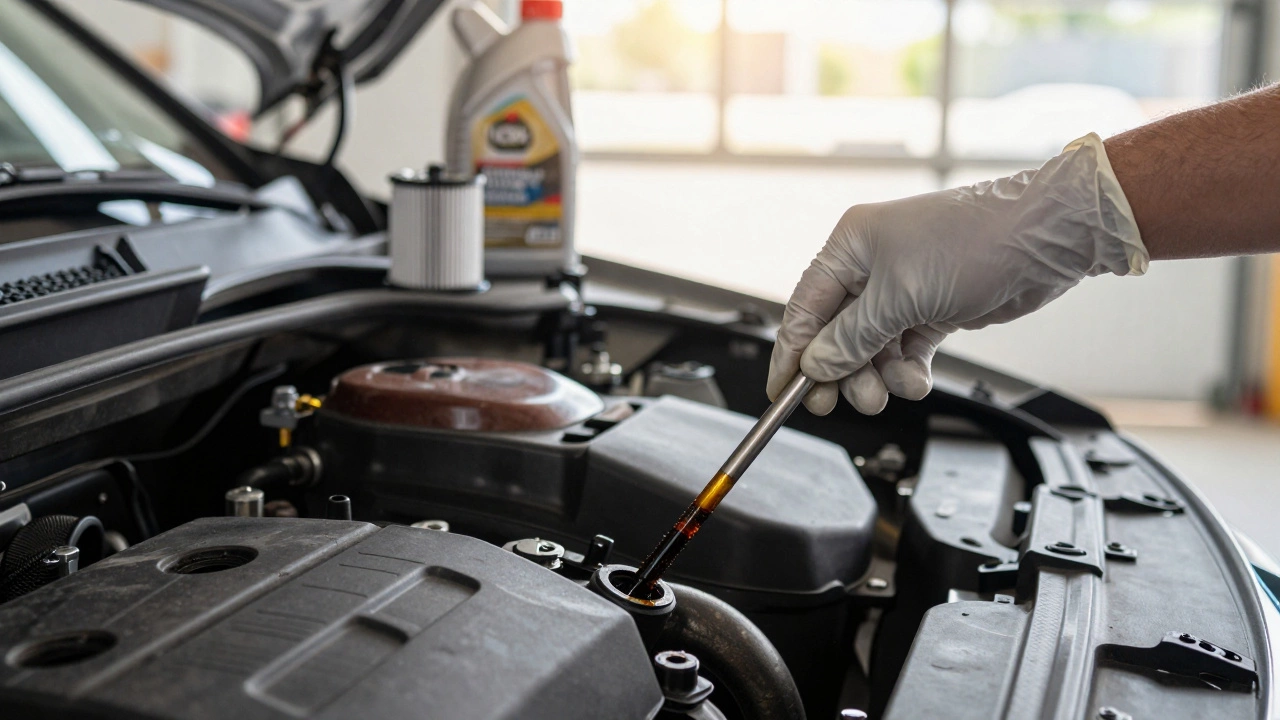 Mechanic checking dirty oil on dipstick during engine maintenance