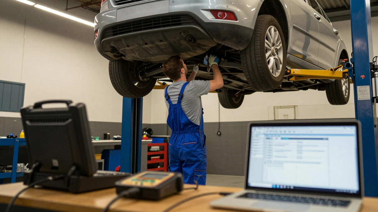 Mechanic installing new brakes on a raised car in a UK garage