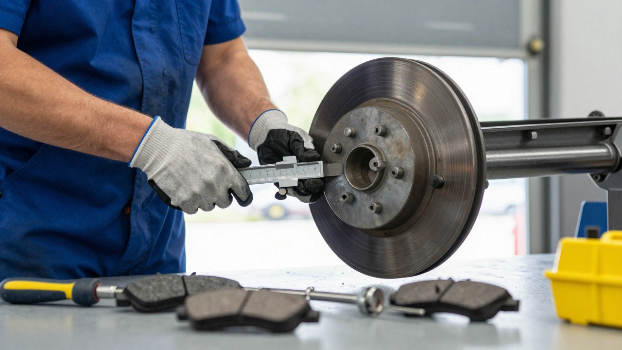 Mechanic measuring brake rotor thickness with a digital micrometer tool