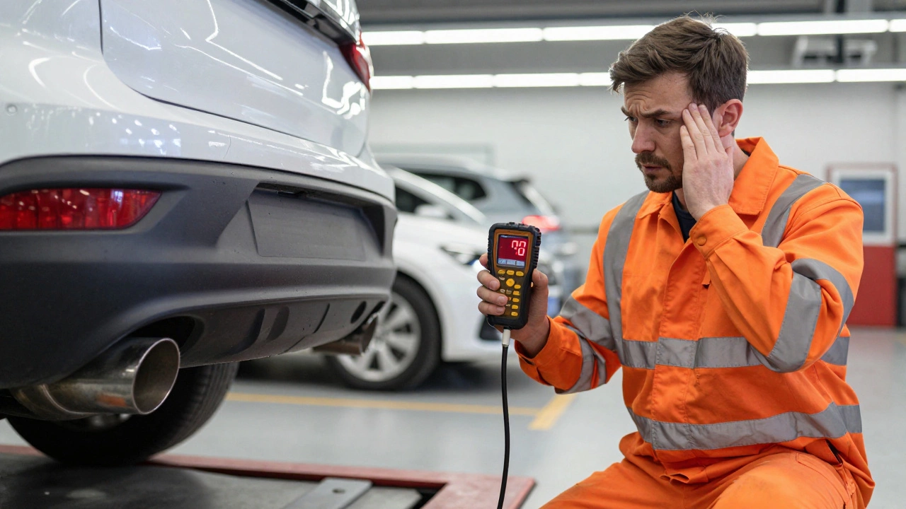 Mechanic measuring excessive noise levels from a straight-piped car during an MOT test