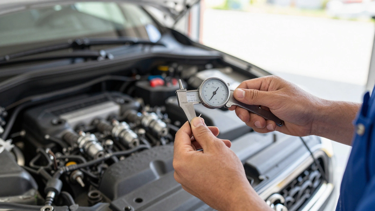 Mechanic measuring spark plug gap with a feeler gauge in a sunlit garage