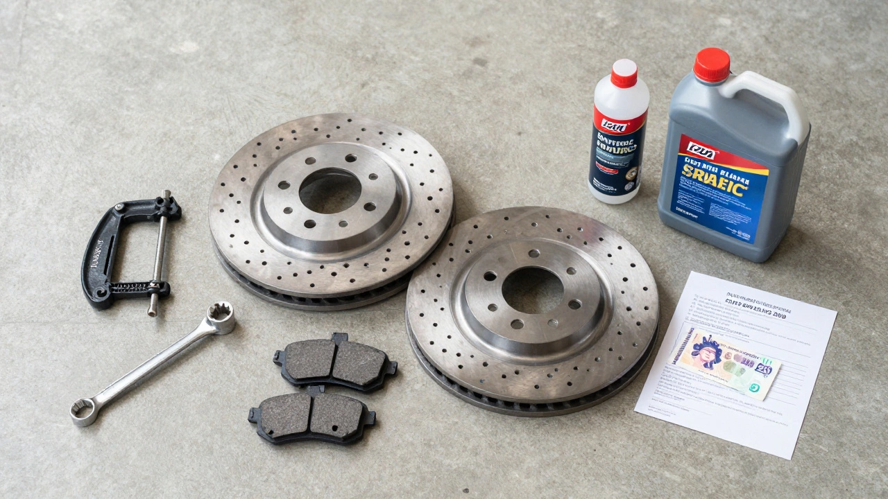 New brake rotors, pads, and tools laid out on a garage floor