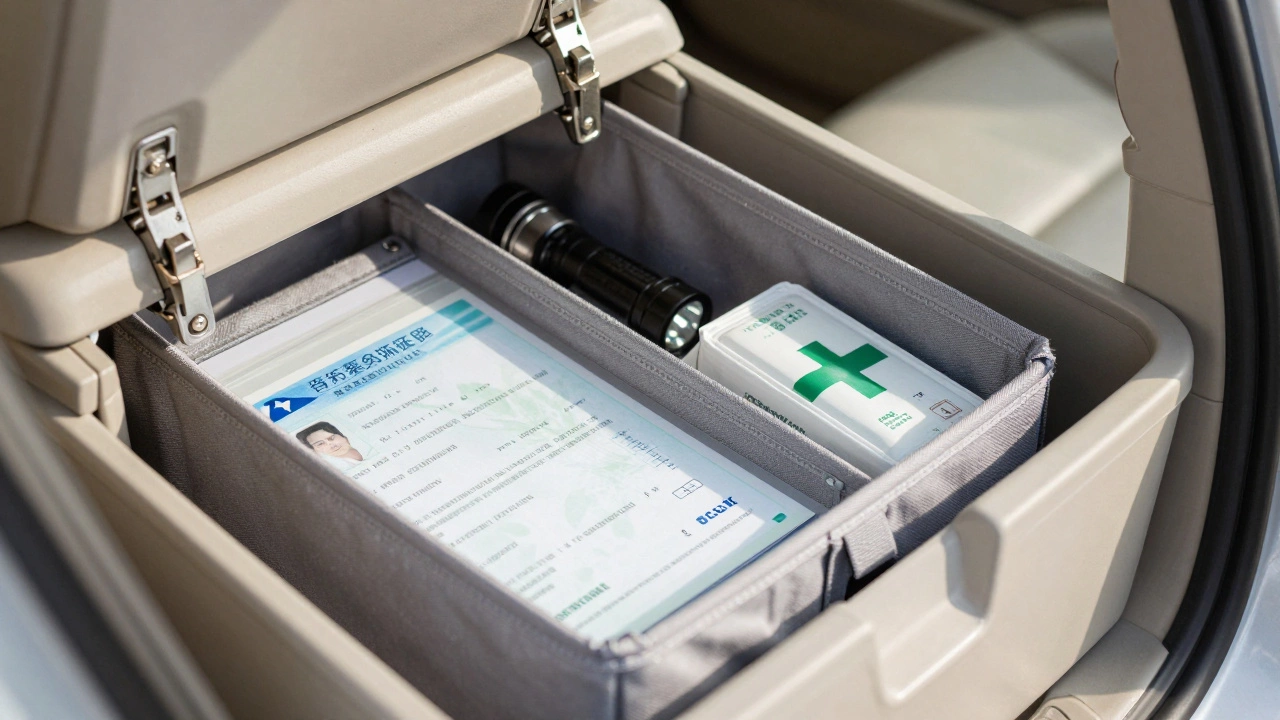 Organized car glove compartment with documents and tools