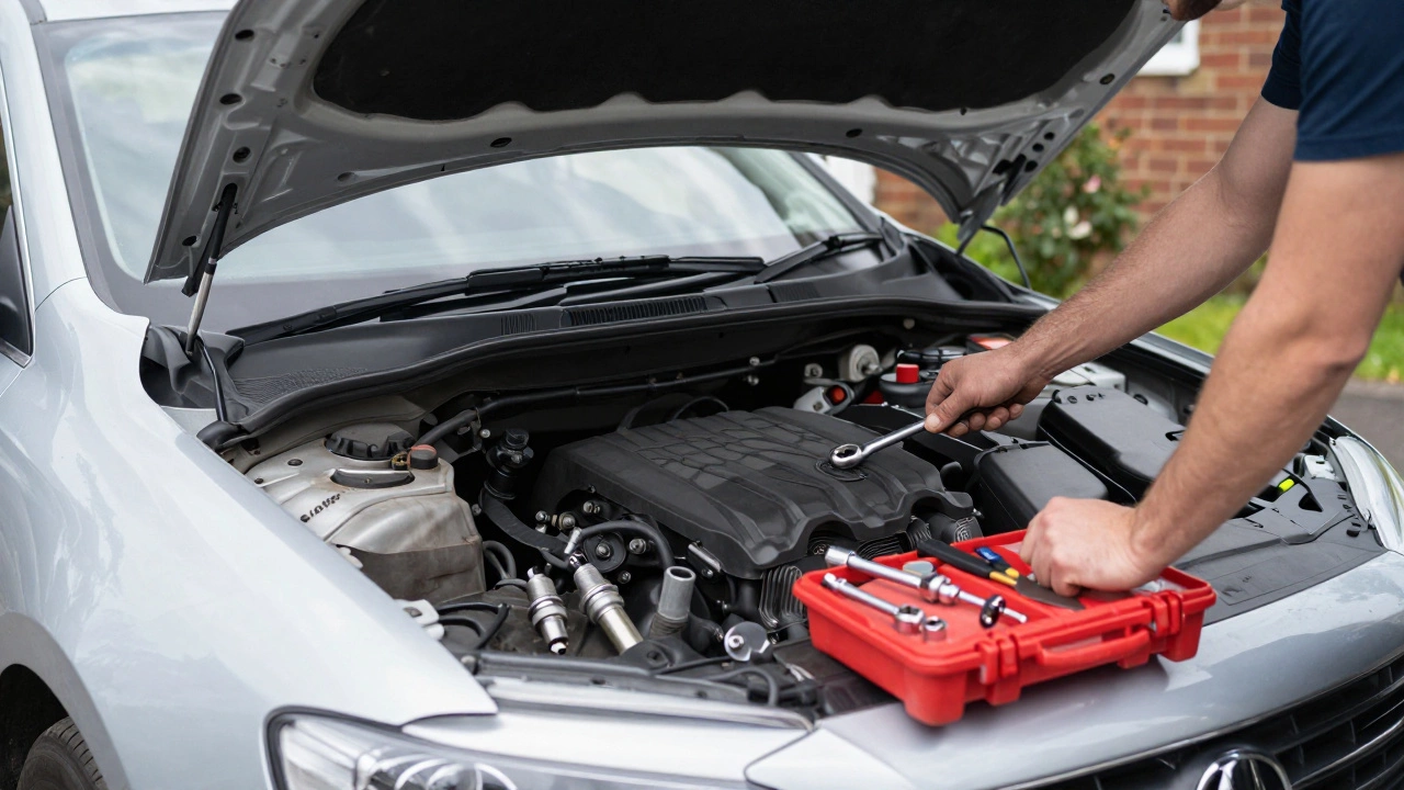 Person changing spark plugs in a car engine in a driveway