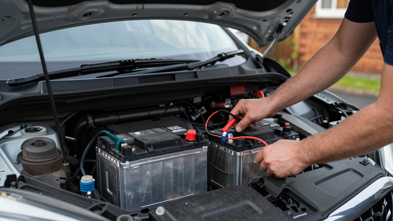 Person installing a new car battery and connecting the positive terminal