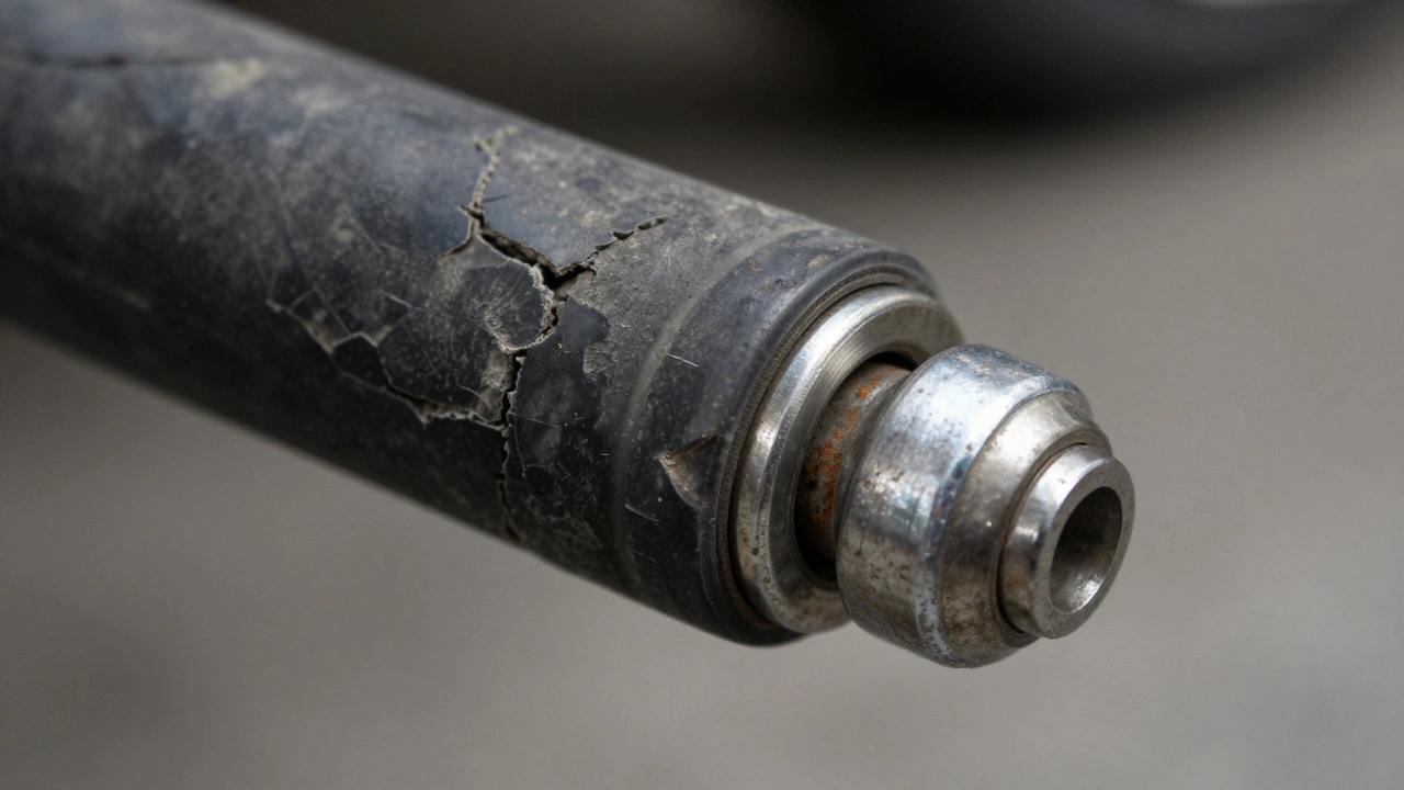 Worn rubber bushing and steel ball joint detail
