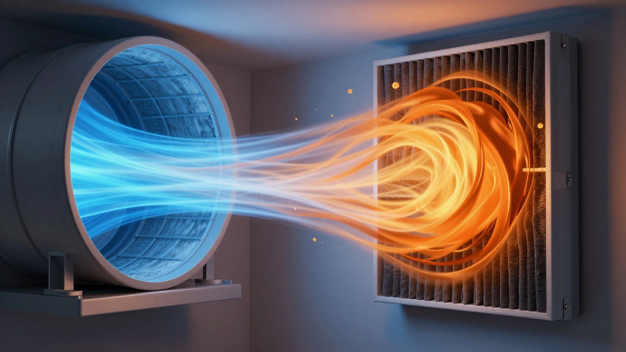3D illustration comparing smooth vs restricted airflow in ducts