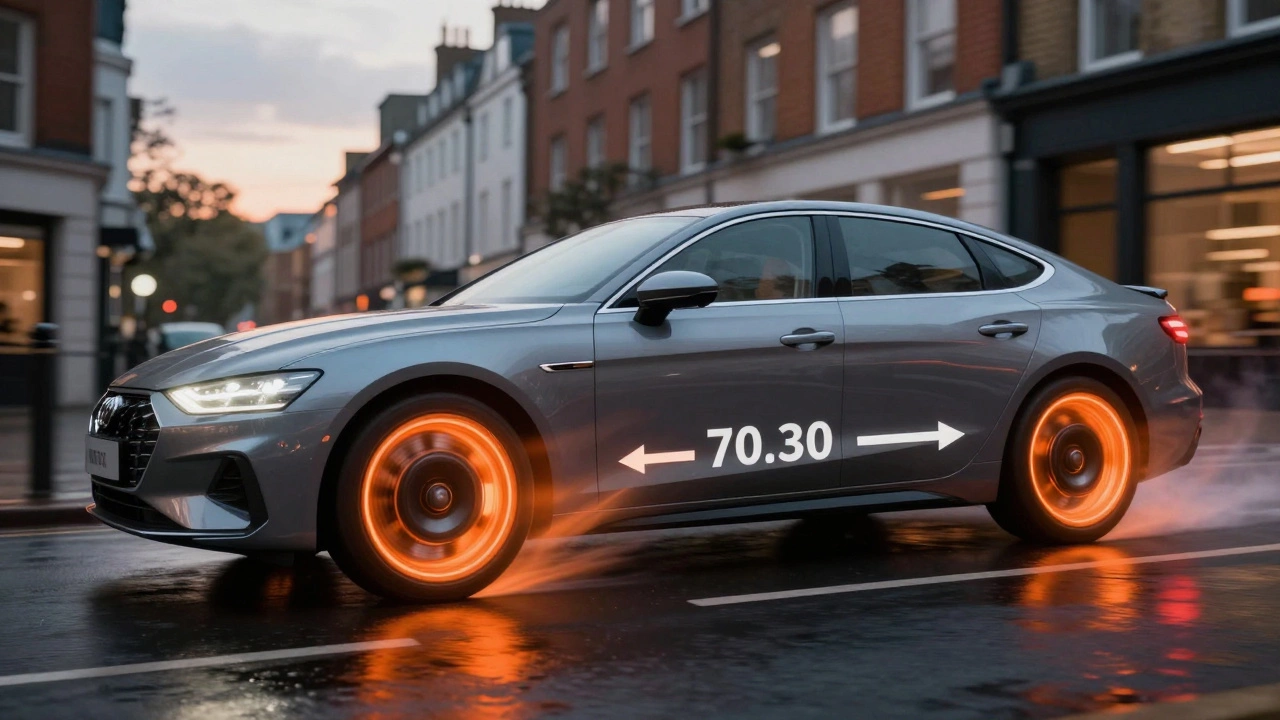 Car braking dynamics showing heavy wear on front brakes vs rear