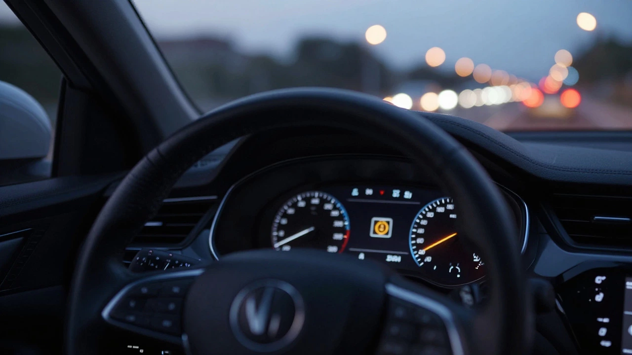 Car dashboard showing illuminated brake warning light icon