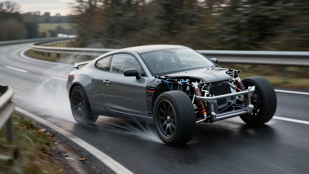 Car leaning sharply during a turn illustrating suspension body roll