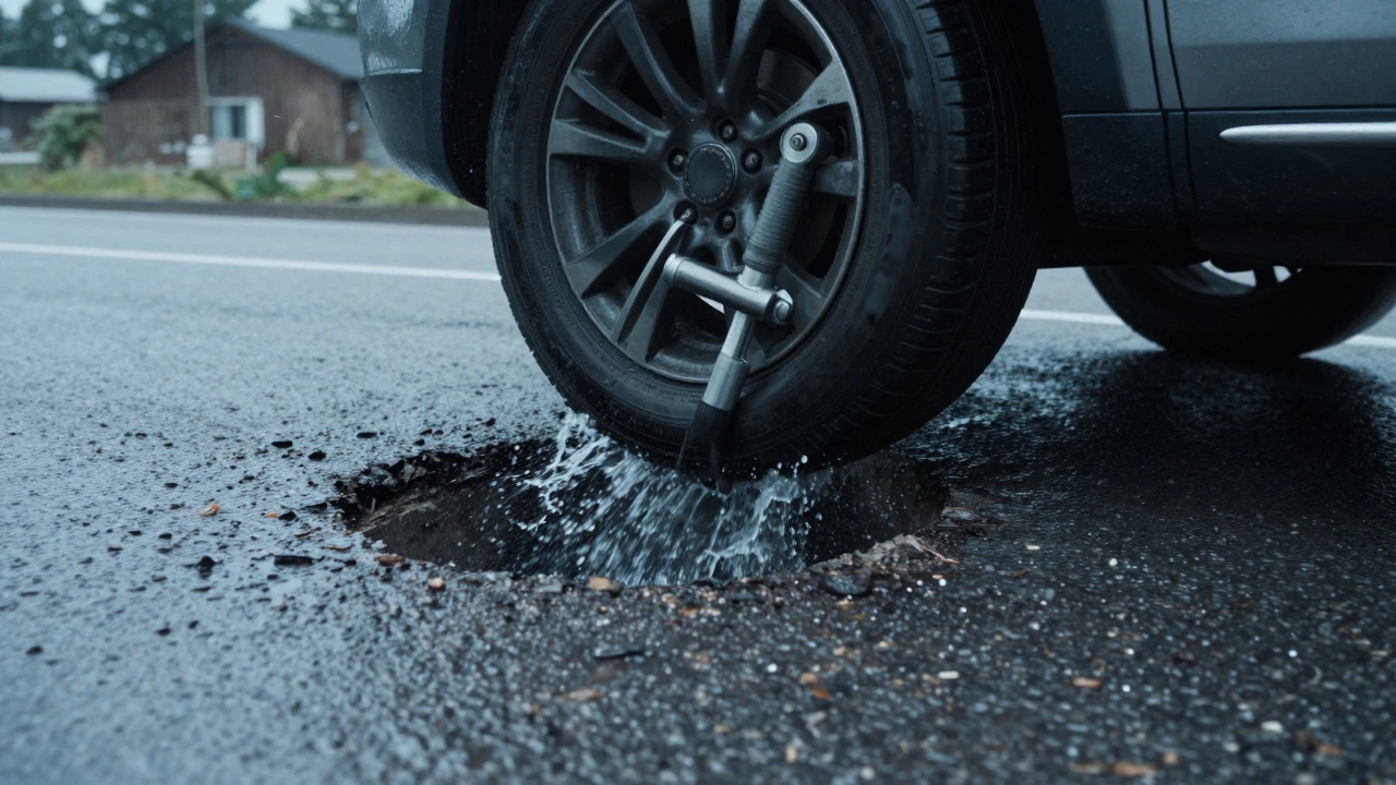 Car wheel hitting pothole on wet gravel road