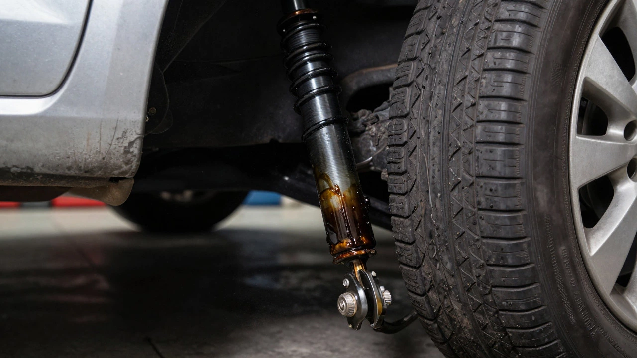 Close up of leaking shock absorber and uneven tire wear in wheel well